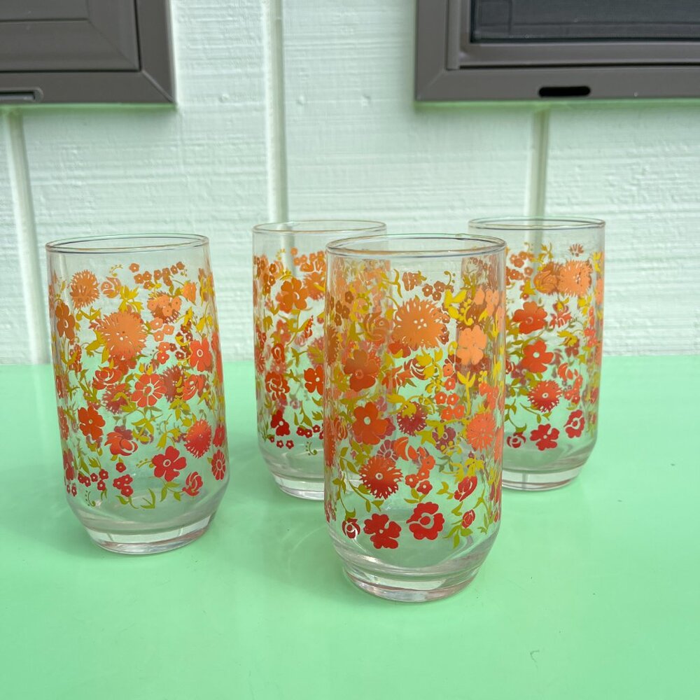 SOLD Vintage Orange & Yellow Floral Gradient Glasses – Set of 4 - Picture 7 of 7